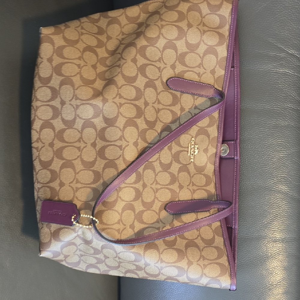 Coach Signature Tan and Purple Tote Bag